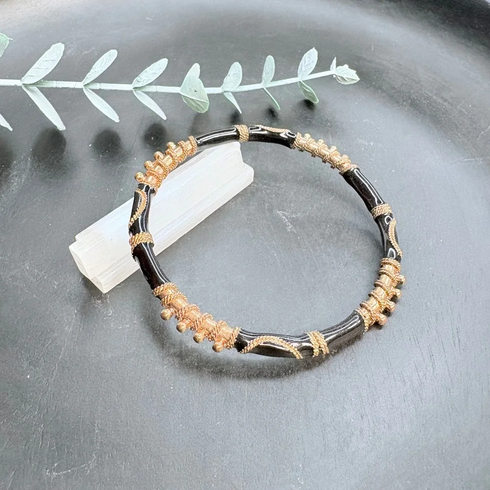 Vintage Enamel Bangle | Black Gold Bracelet | Minimalist Stackable